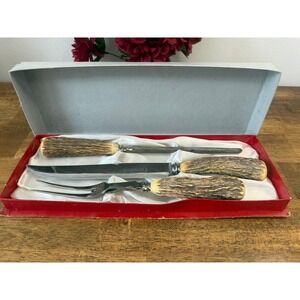 Vintage‎ Abbott Of England Sheffield Carving Set Stag Handle Knife Fork Box